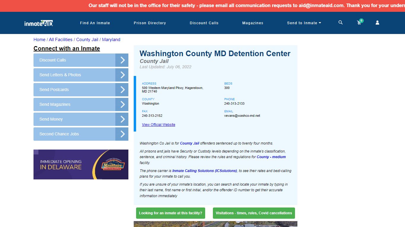 Washington County MD Detention Center - Inmate Locator - Hagerstown, MD